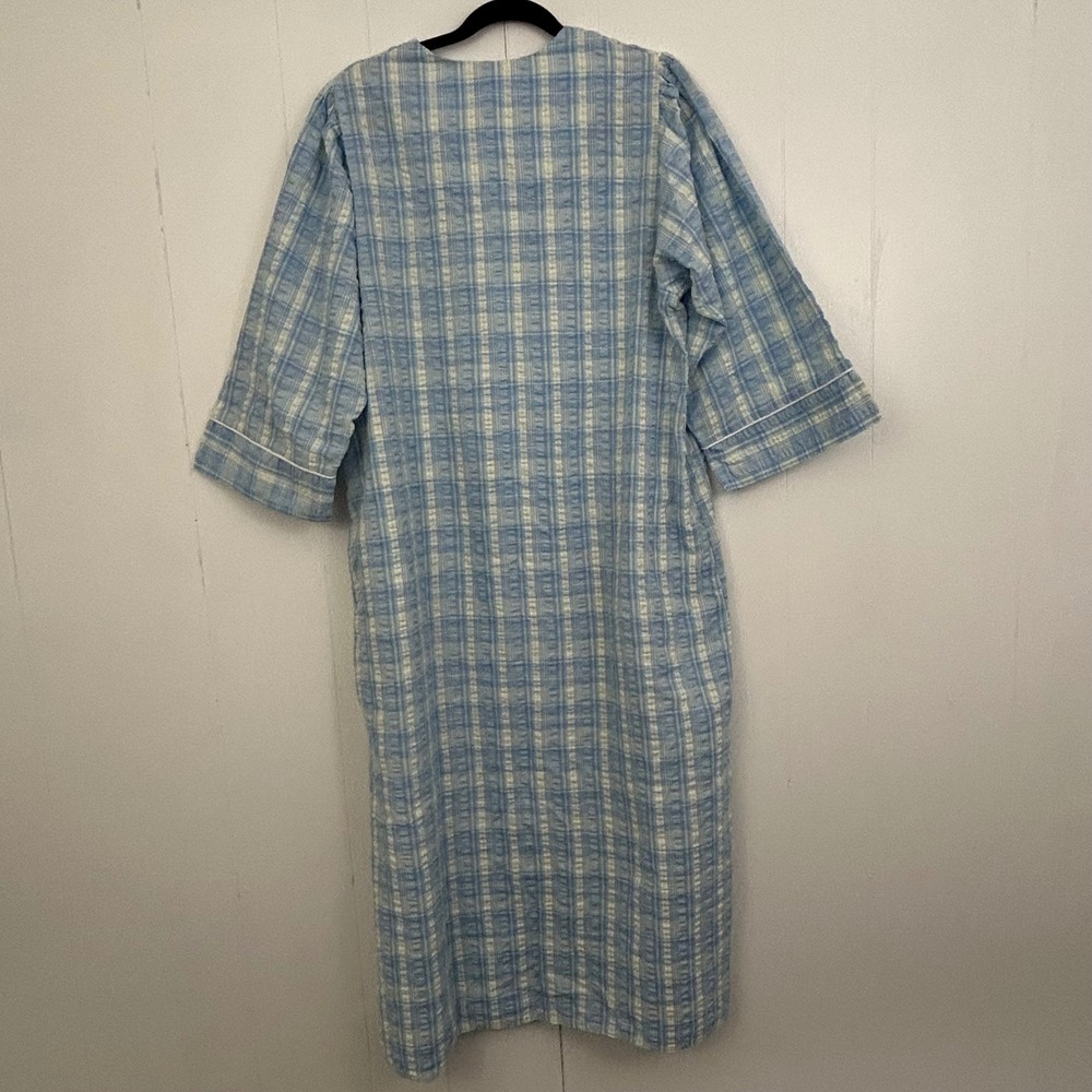 Collette by Miss Elaine Blue Plaid Floral Embroidered‎ Zip Front House Dress M - Picture 2 of 11